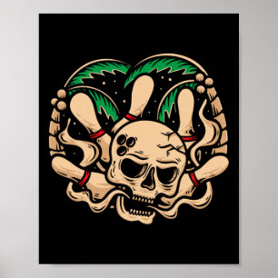 Affiche Bowling Pins Retro Skull Skeleton Head Bowling Ll