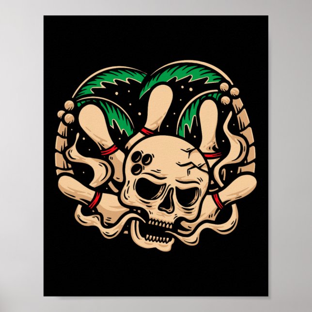 Affiche Bowling Pins Retro Skull Skeleton Head Bowling Ll (Devant)