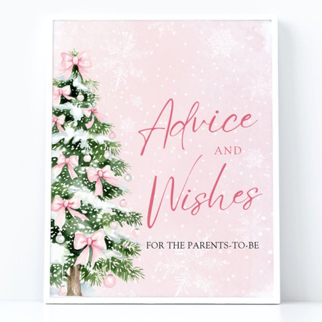 Affiche Bows Christmas Tree Baby shower Conseils et souhai (Winter Pink Bows Christmas Tree Baby Shower Advice and Wishes Pedestal Sign)