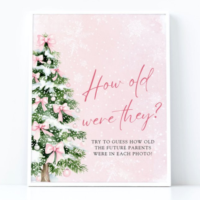 Affiche Bows Noël Quel Âge Ont-Ils Été Baby shower Jeu (Pink Bows Christmas How Old Were They Baby Shower Game Sign)