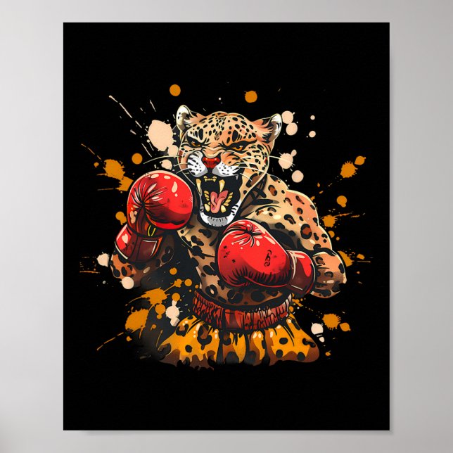 Affiche Boxe léopard avec gants de boxe Kickboxing Drôle (Devant)