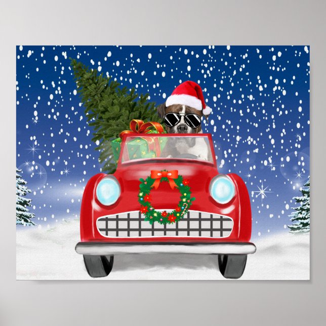 Affiche Boxer Chien Conduite Voiture En Noël De Neige (Devant)