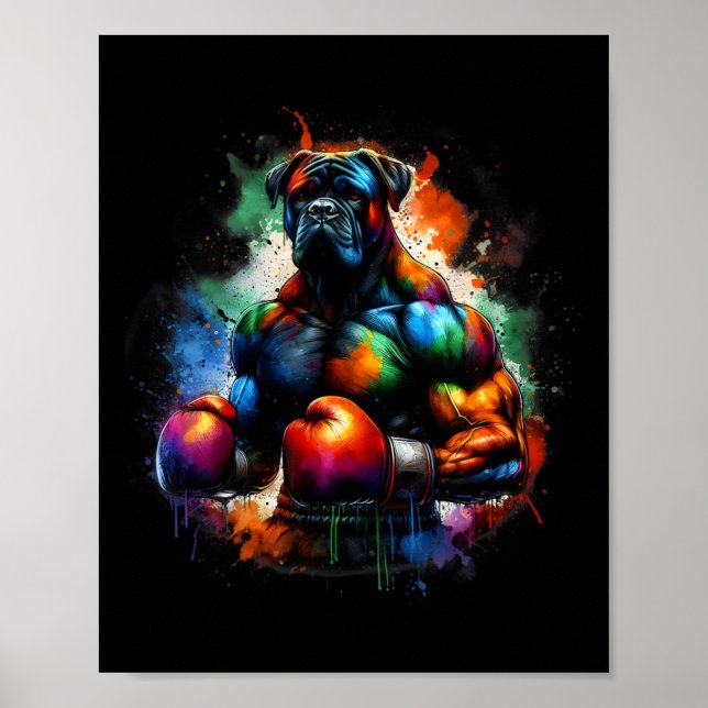 Affiche Boxer chien de kickboxing ou boxe drôle éclaboussu (Devant)
