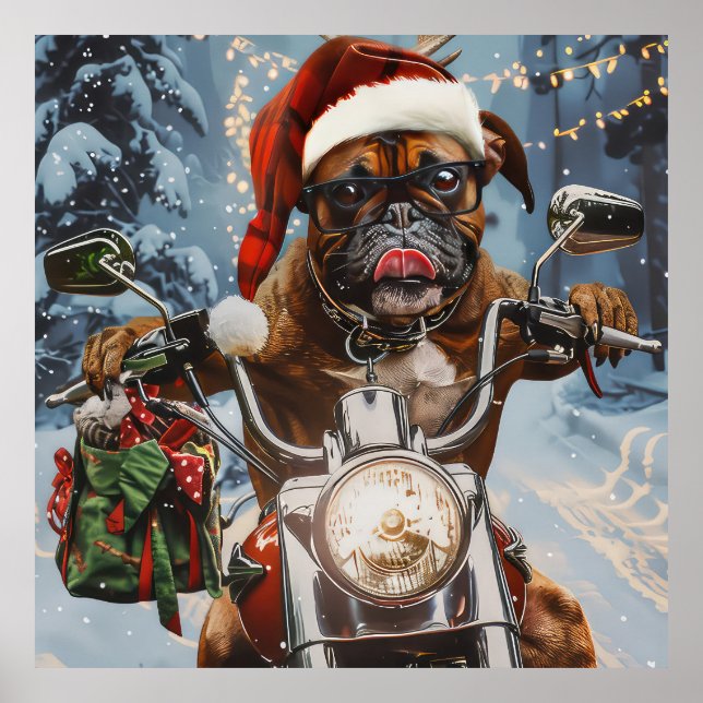 Affiche Boxer Chien équitation Moto Noël (Devant)