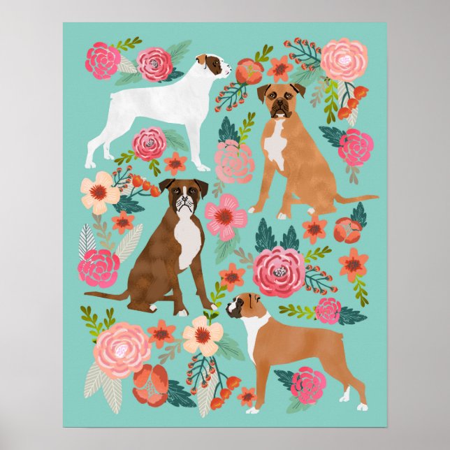 Affiche Boxer Chien Floral Art Imprimer (Devant)