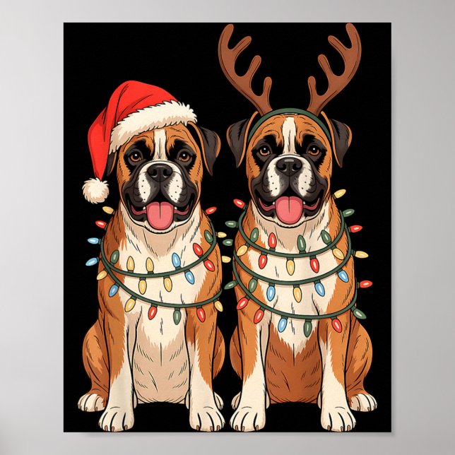 Affiche Boxer Dog Christmas Santa Hat Reindeer Lights Paja (Devant)