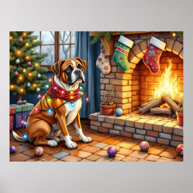 Affiche Boxer Sitting by Fireplace with Christmas Lights (Devant)