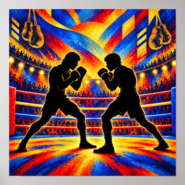 Affiche Boxeurs en silhouette de combat (Devant)