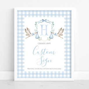Affiche Boy Blue Stork Baby shower Panneau personnalisé
