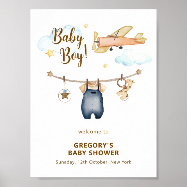 Affiche Boy Clothesline Airplane Sky Baby Shower Welcome  (Devant)