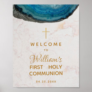 Affiche Boy First Communion Blue Geode Marble Welcome