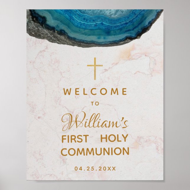 Affiche Boy First Communion Blue Geode Marble Welcome (Devant)