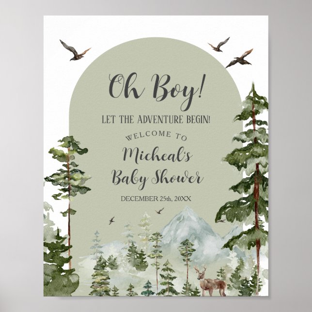 Affiche Boy Pine Tree Forest Mountain Baby shower Bienvenu (Devant)