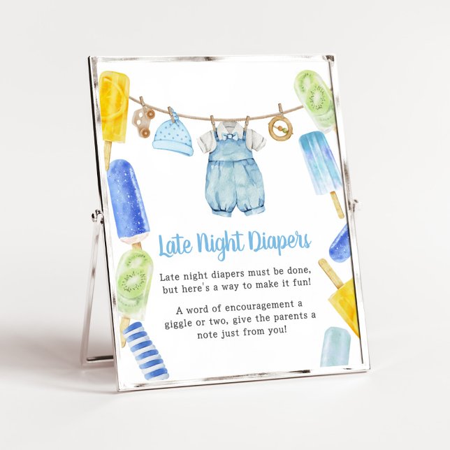 Affiche Boy Popsicle Baby shower Late Night Diapeurs (Popsicle Baby Shower Late Night Diapers Sign)