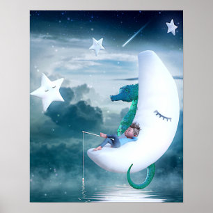 Affiche Boy & Seahorse Fishing on the Moon