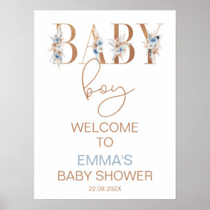 Affiche Boys Blue Boho Floral Word Baby Shower Welcome