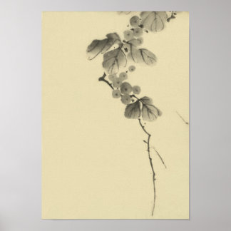 Affiche Branche avec Feuilles & Berries Hokusai Fine Art