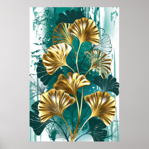 Affiche Branche avec Feuilles d'or Ginko Biloba