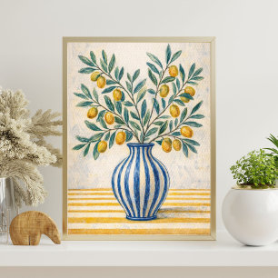 Affiche Branche de citron méditerranéen dans un vase bleu