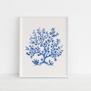 Affiche Branche de corail bleu - Bleu côtier sur beige