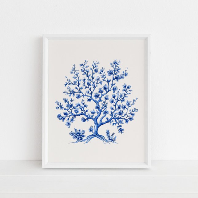 Affiche Branche de corail bleu - Bleu côtier sur beige (Blue Coral Branch – Coastal Blue on Beige Poster in a white frame on the floor)