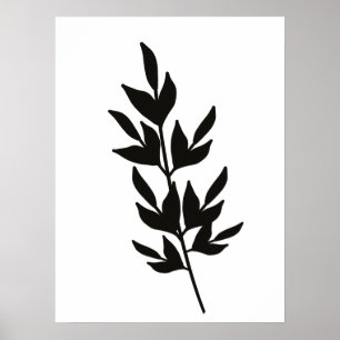 Affiche Branche de feuille simple Art en ligne Noir Blanc