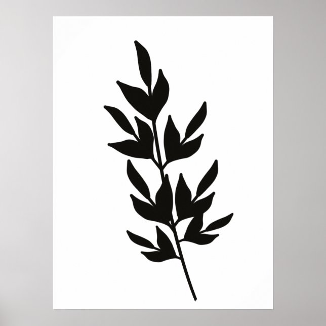 Affiche Branche de feuille simple Art en ligne Noir Blanc (Devant)