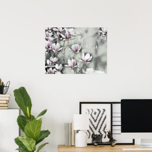 Affiche Branche de magnolia rose tirant sur fond noir gris