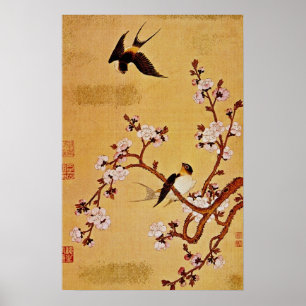 Affiche Branches blanches d'hirondelles et de fleurs, Chia