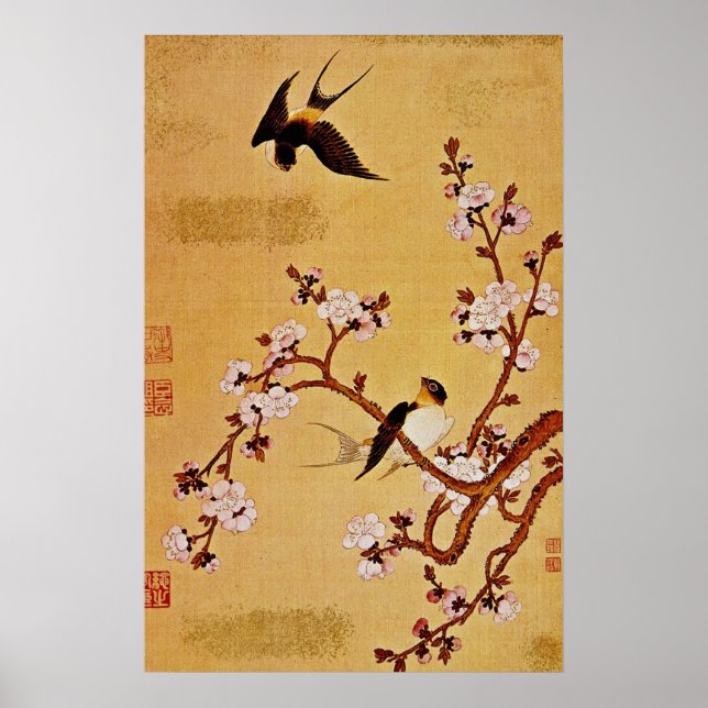 Affiche Branches blanches d'hirondelles et de fleurs, Chia (Devant)