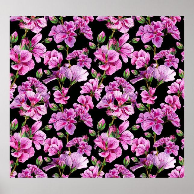 Affiche Branches de géranium, bourgeons roses aquarelles. (Devant)