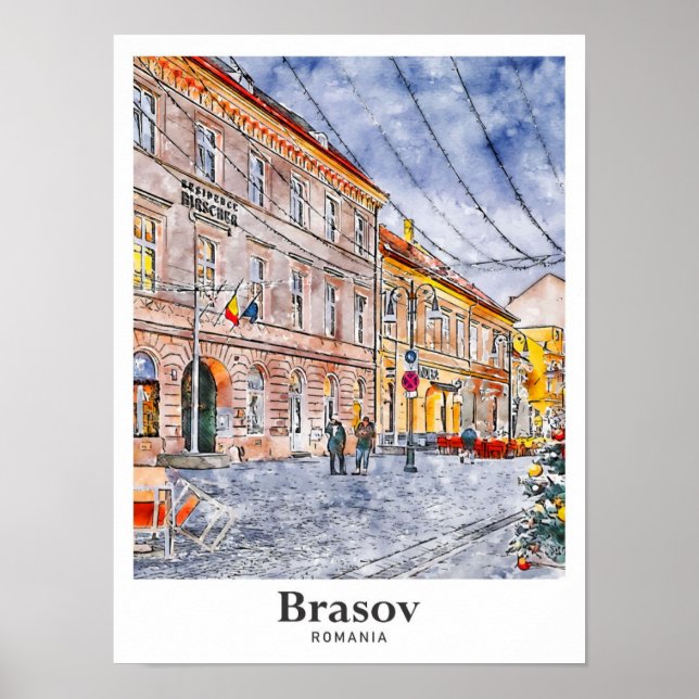 Affiche Brasov Roumanie Voyage Aquarelle main tirée (Devant)
