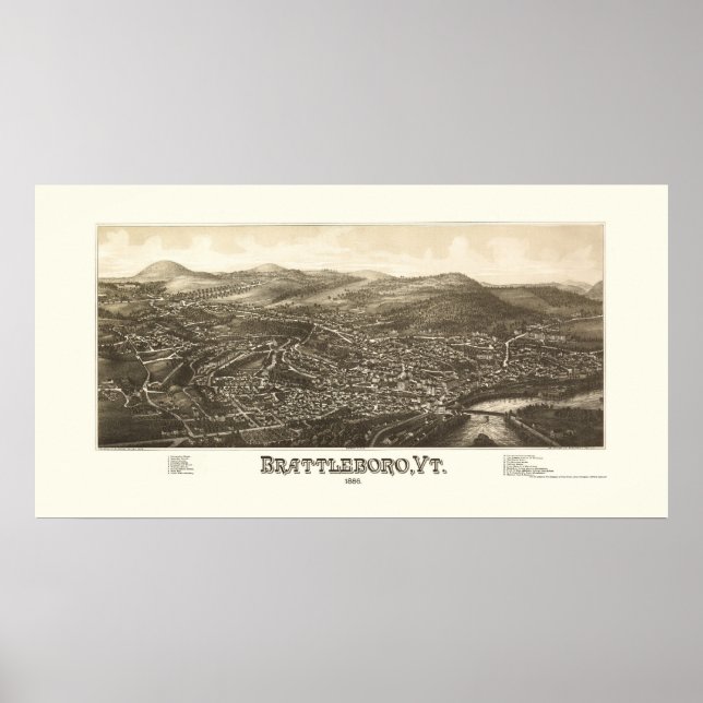 Affiche Brattleboro, VT Carte panoramique - 1886 (Devant)