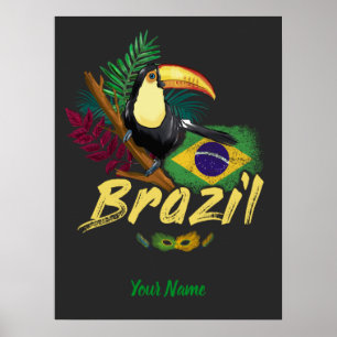 Affiche Brazil Vintage Toucan with Flag and Samba mask