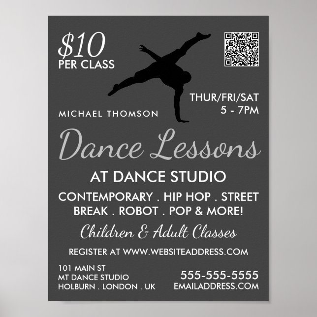 Affiche Break Dancer Silhouette, Dance Leçon Publicité (Devant)
