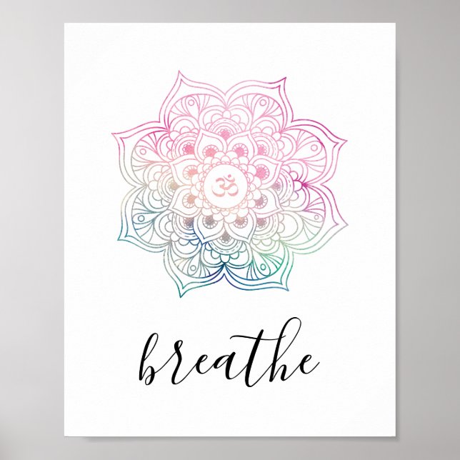 Affiche Breathe Quote - Aquarelle rose Mandala Zen Yoga (Devant)