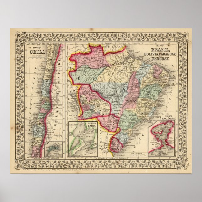 Affiche Brésil, Bolivie, Paraguay, Uruguay Carte par Mitch (Devant)