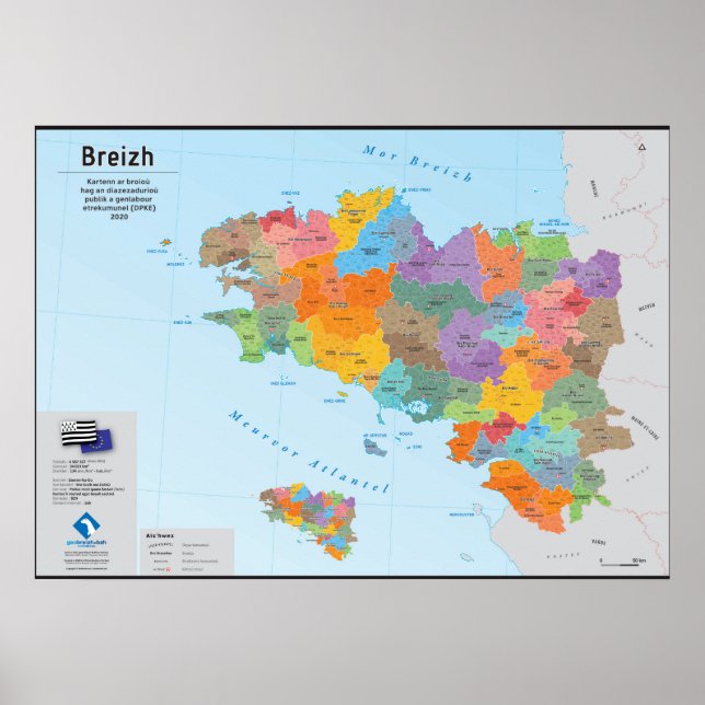 Affiche Bretagne, carte administrative 2020 (en breton) (Devant)