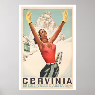 Affiche Breuil-Cervinia Vallée d'Aoste Italie Ski Vintage