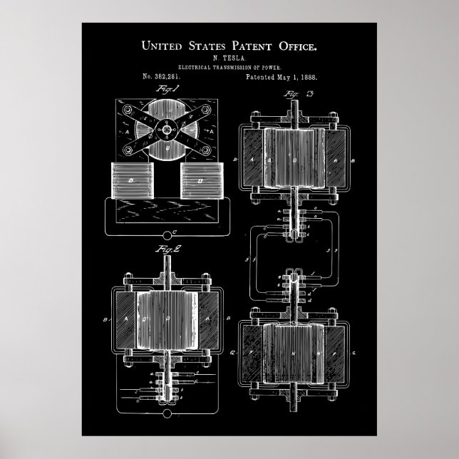 Affiche Brevet Tesla Power Transmitter 1888 (Devant)