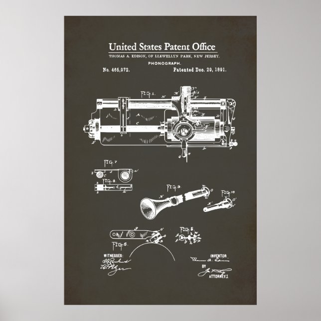 Affiche Brevet US - Phonographe cylindrique (Devant)