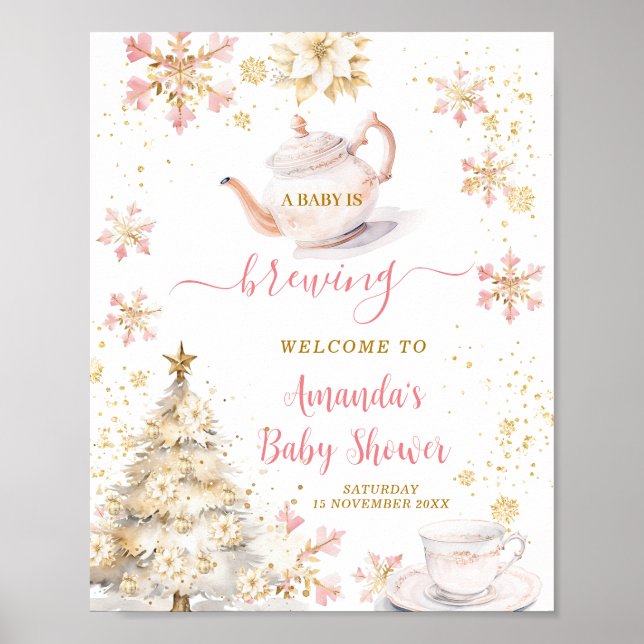 Affiche Brewing Pink Winter Tea Party Baby Shower Welcome (Devant)
