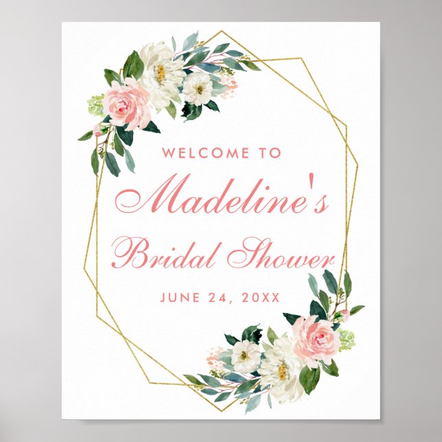 Affiche Bridal Shower Gold Frame Pink Blush Floral Welcome (Devant)