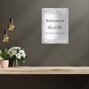 Affiche Bridal Shower silver glitter name script welcome