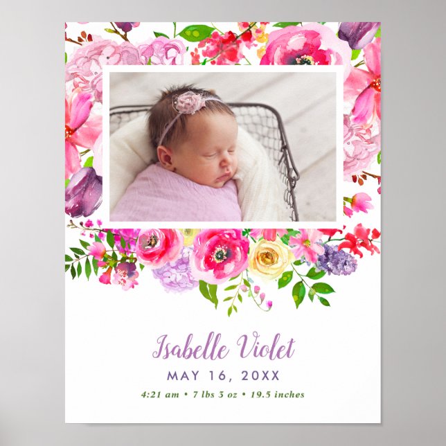 Affiche Bright Blooms Baby Girl Birth Stat Photo (Devant)