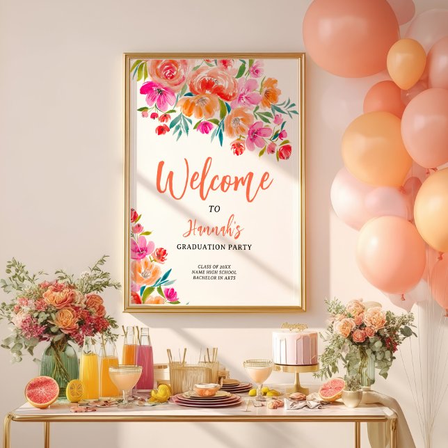 Affiche Bright Floral Gras Peint À La Main Accueil Graduat (Bright Floral Bold Hand-Painted Graduation Welcome Poster)