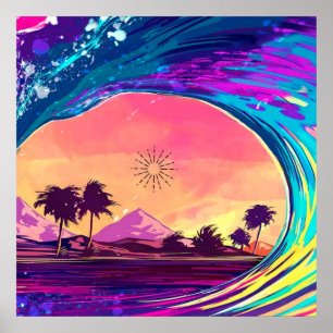 Affiche Bright Neon Rolling Wave With Palm Trees