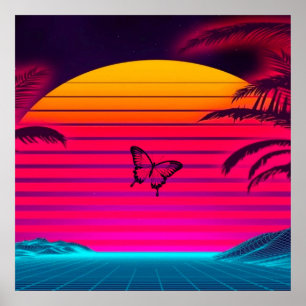 Affiche Bright Neon Sunrise to Sunset Sun and a Butterfly