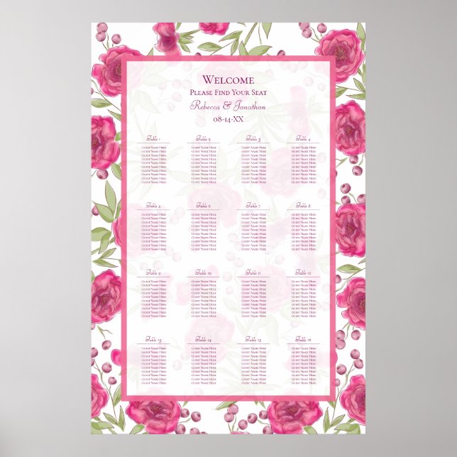 Affiche Bright Pink Rose Wedding Seating Chart (Devant)