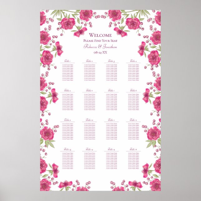 Affiche Bright Pink Rose Wedding Seating Chart (Devant)